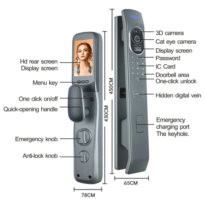 Glomarket Tuya Khóa cửa thông minh 3d nhận dạng khuôn mặt Khóa thông minh tự động với camera Khóa cửa an ninh sinh trắc thông minh