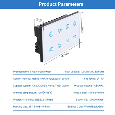 Glomarket Smart Home 8 Gang Wall Switch US Tiêu chuẩn Tuya Voice APP điều khiển từ xa không dây Wall Touch Light Switch
